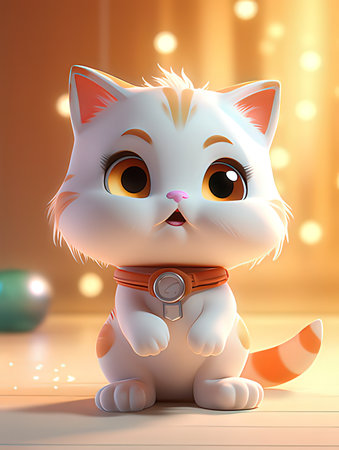 Cute cartoon cat sitting on wooden floor. 3D rendering.の写真素材