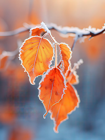 Frosted autumn leaves on a tree branch in the sunlight.
