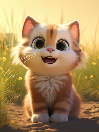 Cute cat sitting in the grass at sunset, 3d illustrationの写真素材