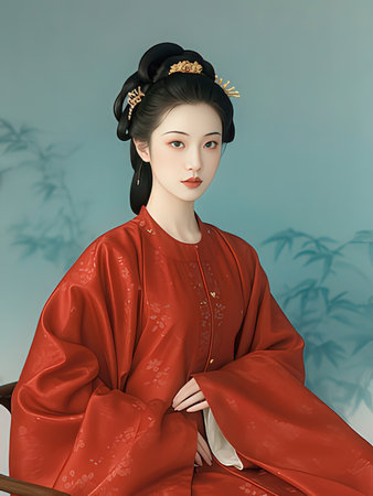3D Illustration of a Chinese lady in a red hanfuの写真素材