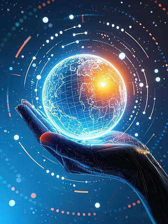 Globe hologram in human hand on dark blue background. 3D renderingの写真素材