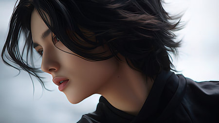3d rendering of a young woman with long black hair flying in the wind