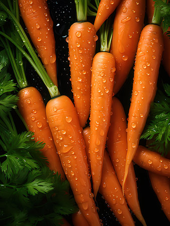 Fresh carrots with water drops on a black background. Top view.の写真素材