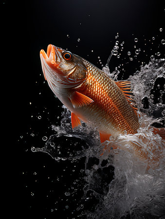 Red tilapia fish with water splash, isolated on black backgroundの写真素材