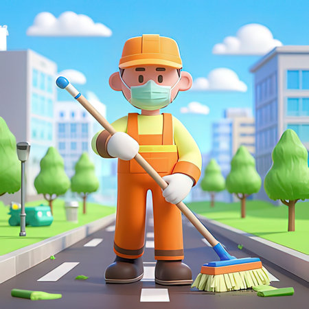 A man with a broom cleans the road in the city. Vector illustration.の写真素材