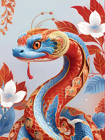 Illustration of a snake with flowers on a light blue background.の写真素材
