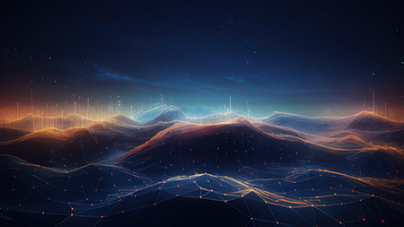 Abstract 3d rendering of low poly wireframe landscape. Futuristic technology style background.の写真素材