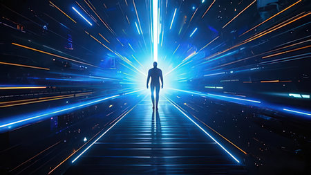 3D rendering of a futuristic man standing in front of a luminous light