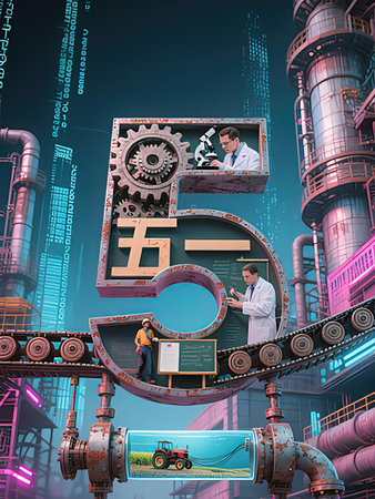 Concept of industry 4.0 with people and robots. 3d renderingの写真素材