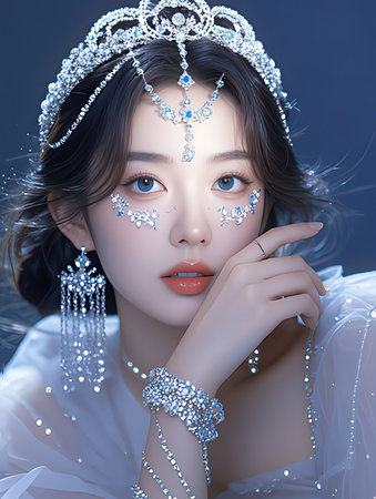 Portrait of a beautiful asian woman in white dress with jewelry.の写真素材