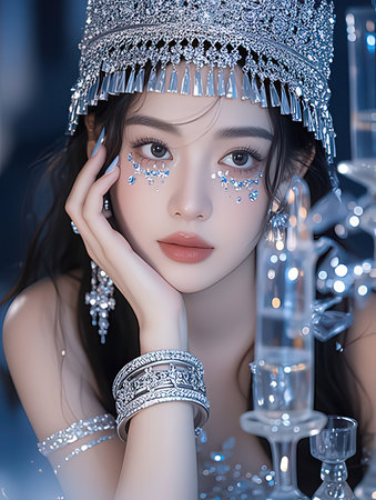 Beautiful asian woman with crystal crown and jewelry on her headの写真素材