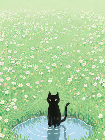 Illustration of a black cat in a field of daisiesの写真素材