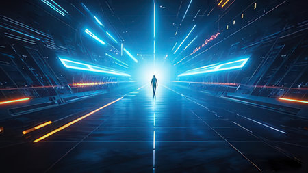 3d rendering of man standing in futuristic corridor with glowing neon lightsの写真素材