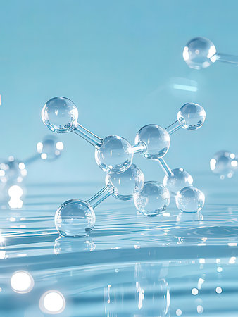 Molecule model on blue background. 3d illustration, 3d renderの写真素材