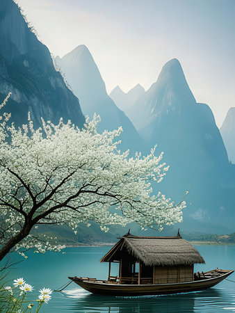 Cherry blossom and boat in the lake with mountain background.の写真素材