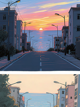 Sunset on the sea. City street at sunset. Vector illustration.