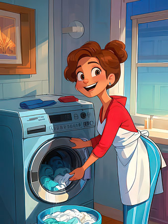 Cartoon housewife washing clothes in the laundry room. Vector illustrationの写真素材