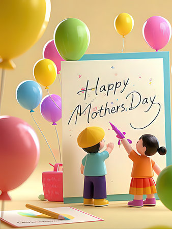 Happy mother's day greeting card with kids painting with paintbrush and balloonsの写真素材