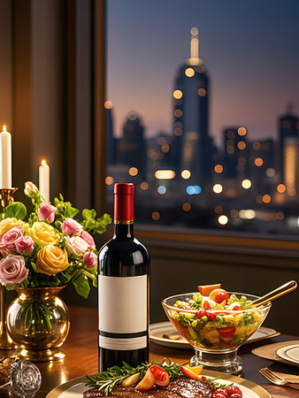 Wine and salad on the table with a view of the city