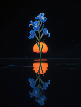 Illustration of blue iris flower with reflection on water surface.の写真素材