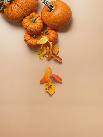 Autumn composition with pumpkins and leaves on a beige backgroundの写真素材