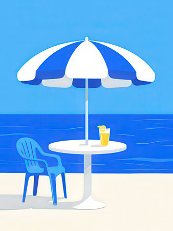 Illustration of a beach table with a blue chair and a white umbrellaの写真素材