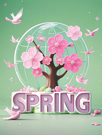 Spring background with cherry blossom tree, flying birds and lettering springの写真素材
