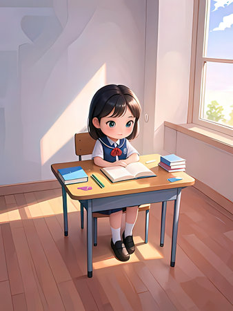 Cute little girl reading a book at her desk in the roomの写真素材