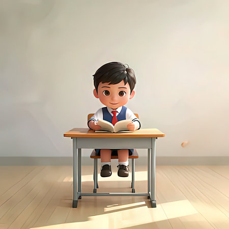 3D Render of Little boy reading a book at his desk.の写真素材