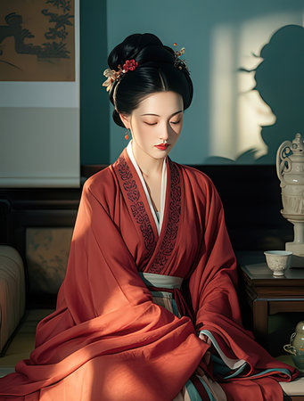 Portrait of a beautiful geisha in a red kimonoの写真素材