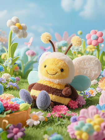 Easter bunny with eggs and flowers in the grass, 3d renderの写真素材