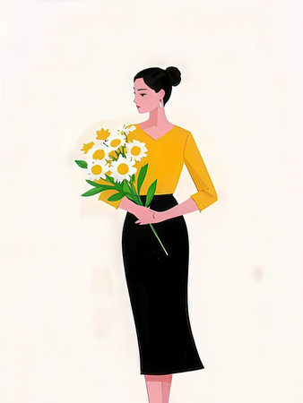 Girl with a bouquet of wildflowers. Vector illustration.の写真素材