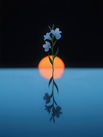 Beautiful flowers reflected in the water at sunset, 3d renderの写真素材