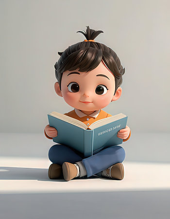 3d illustration of cute little boy sitting and reading a book.の写真素材