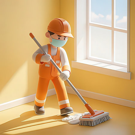 Worker cleaning the room with a mop. 3d illustrationの写真素材