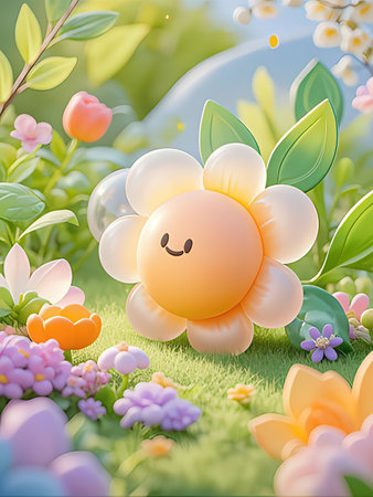 3d render of easter egg with flower on green grass backgroundの写真素材