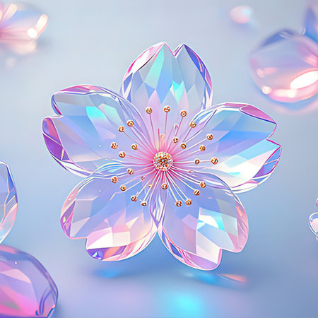 Abstract background with pink and blue crystal flowers. 3D illustration.の写真素材
