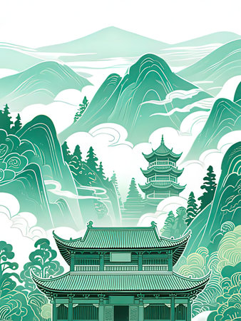 Traditional landscape with mountain and pagoda, vector illustration.の写真素材