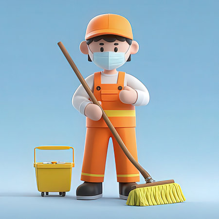 Worker with a broom and a bucket on a blue background.の写真素材