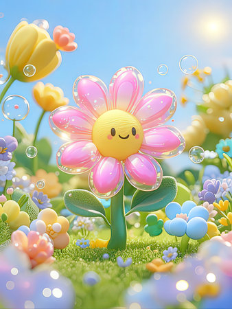 Illustration of a cute flower in a meadow with easter eggsの写真素材
