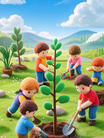 Group of children planting a tree in the garden with nature background.の写真素材