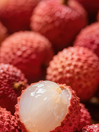 Fresh lychee fruits on wooden table, close-up.の写真素材