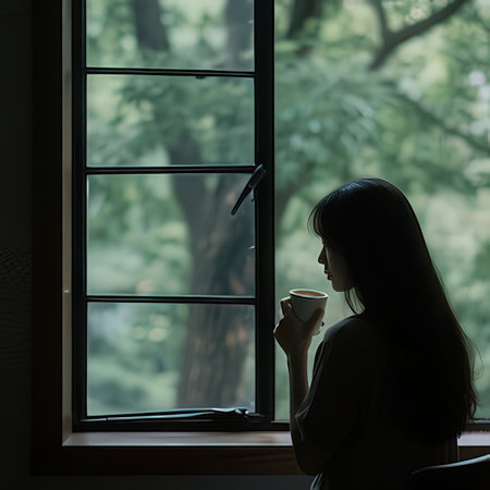 Silhouette of a young woman holding a cup of coffee by the windowの写真素材