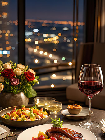 Table served for romantic dinner with glass of red wine, rose flowers and crockery on the background of the night cityの写真素材