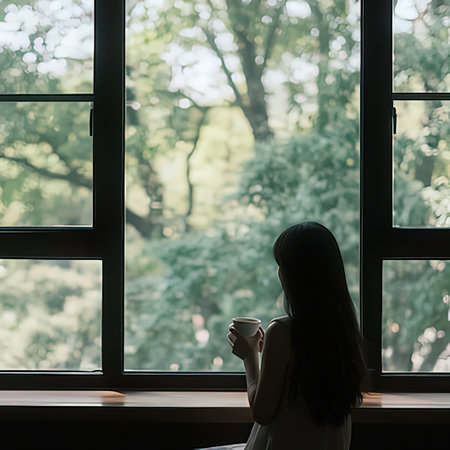 Silhouette of a young woman holding a cup of coffee near the window