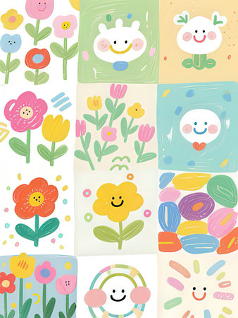 Seamless pattern with cute animals and flowers. Vector illustration.の写真素材