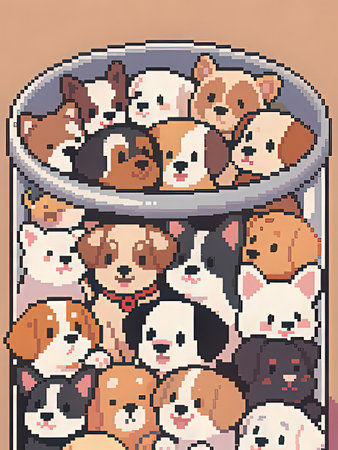 pixel art illustration of dogs in a bowl, 8 bit pixel art
