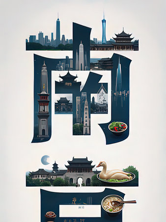 China travel poster with famous landmarks. Vector illustration of China city.の写真素材