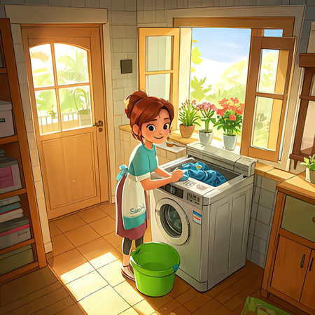 Vector illustration of a little girl washing clothes in the kitchen at homeの写真素材
