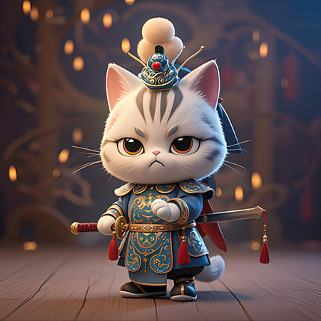 Cute cartoon cat in a medieval costume with a sword in his hand.の写真素材